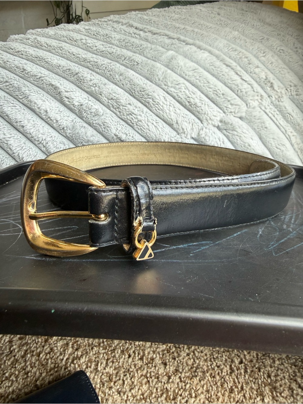 Vintage 90s Liz Claiborne Charm Black Leather Belt with Gold Buckle